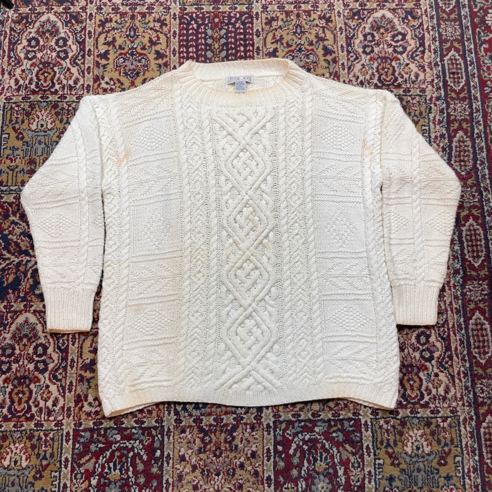 VTG 80s Crystal Kobe Mens L Ivory Cream‎ Cable Knit Ramie Cotton Sweater flaw